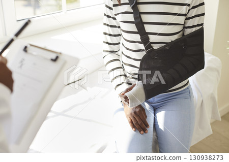 Female patient with a sling on her injured arm talking to the doctor at the clinic 130938273