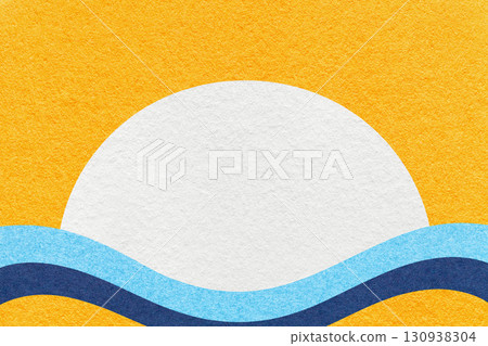 Yellow textured paper background with white circle for copy space and blue, sky waves for poster, banner, presentation 130938304