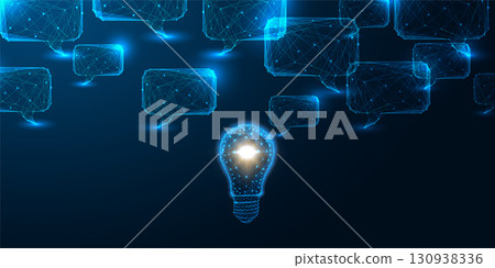 Innovative communication idea concept with glowing bulb and speech bubbles in digital low poly style 130938336