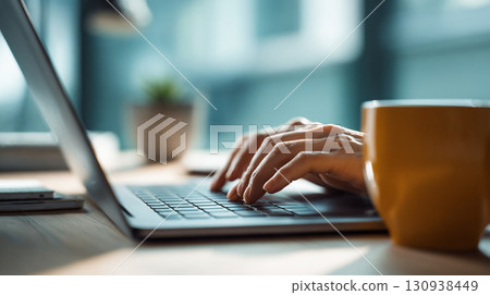 操作筆記型電腦和杯子的手 130938449