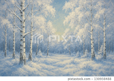 Winter white birch forest snow scene oil painting Winter white birch forest snow scene oil painting 130938488