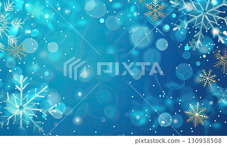 Elegant blue winter scene with falling snow and bokeh lights, perfect for holiday templates, posters, and greeting cards. 130938508