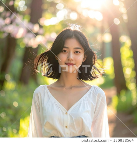 一位女士在透過樹梢的陽光下微笑的肖像，表達了自然之美和清新的氛圍 130938564