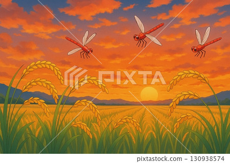 Autumn scenery, rice fields, rice, sunset sky, red dragonflies, anime style 130938574