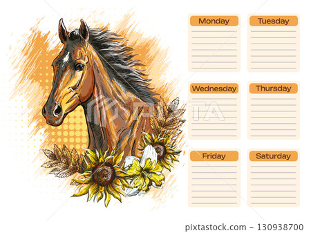 Head of horse with flowers school schedule and planner vector Head of horse with flowers school schedule and planner vector 130938700