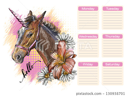 Unicorn with flowers and lettering school schedule vector Unicorn with flowers and lettering school schedule vector 130938701