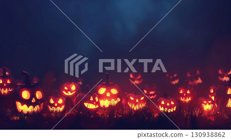 A group of Halloween pumpkin lanterns glowing at night 130938862