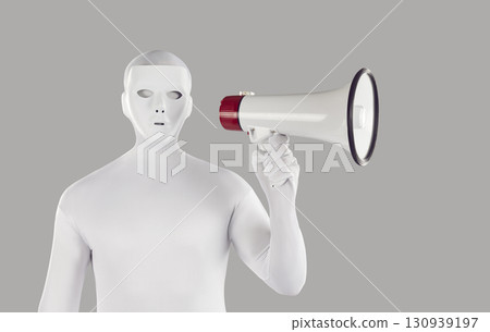 Unrecognizable person wearing white spandex costume shouting in megaphone making announcement. Unrecognizable person wearing white spandex costume shouting in megaphone making announcement. 130939197