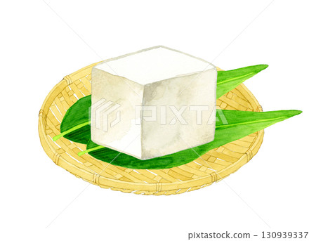 竹濾網上的豆腐－日本料理的手繪水彩插圖 130939337