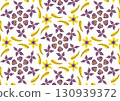 Seamless floral pattern with purple and yellow stylized flowers and leaves on white background. Ideal for textiles, wallpapers, and decorative design projects. Seamless floral pattern with purple and yellow stylized flowers and leaves on white background. Ideal for textiles, wallpapers, and decorative design projects. 130939372