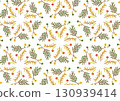 Seamless botanical pattern with colorful branches, leaves, and flowers on white. Perfect for textiles, wallpapers, packaging, and decorative design. Seamless botanical pattern with colorful branches, leaves, and flowers on white. Perfect for textiles, wallpapers, packaging, and decorative design. 130939414