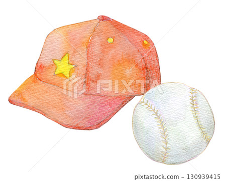 水彩插圖、手繪插圖、類比插圖、帽子和壘球 130939415
