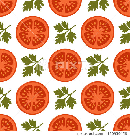 Vector Seamless Pattern with Tomatoes and Parsley. Fresh Vegetable Food Background for Culinary Design. Natural Cooking Ingredients, Organic Kitchen Decor, Italian Cuisine Illustration 130939458