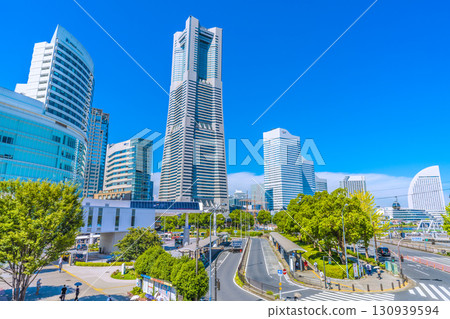 Yokohama cityscape, Japan, September 8. View of Yokohama Landmark Tower and Sakuragicho Station from Yokohama Air Cabin. 130939594
