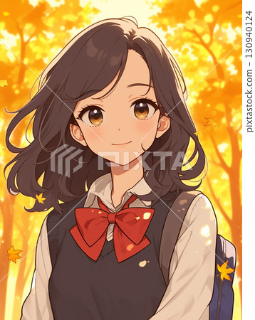 Smiling high school girl in autumn park AI image Smiling high school girl in autumn park AI image 130940124