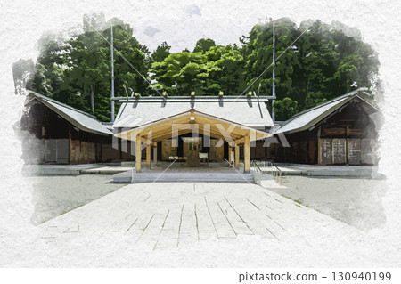 Watercolor style, Ishikawa Gokoku Shrine, worship hall, Kanazawa City, Ishikawa Prefecture 130940199