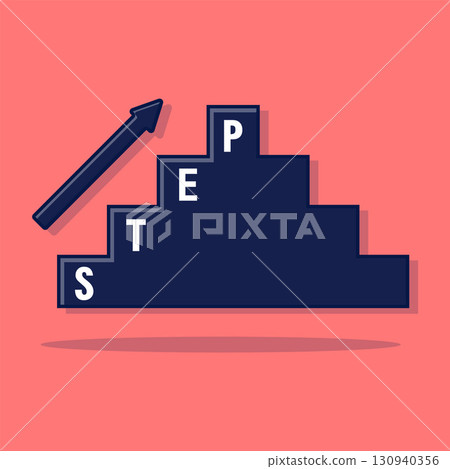 Blue steps with ascending labels and an upward arrow suitable for infographics, educational materials, presentations, or motivational content. Steps visualization. 130940356