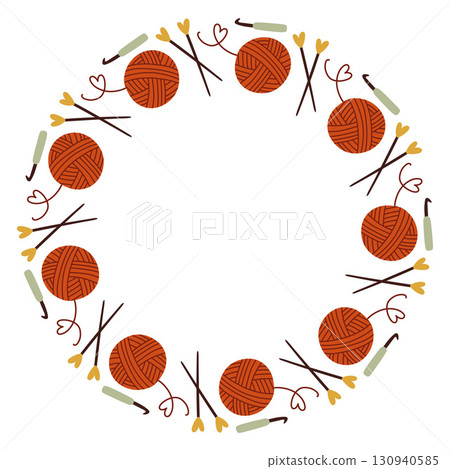 Autumn crochet knitting circle frame. Round border made of doodle hand drawn fall elements. Arranged in a circle for stickers, banners, cards, ads. Vector flat isolated on white background. 130940585