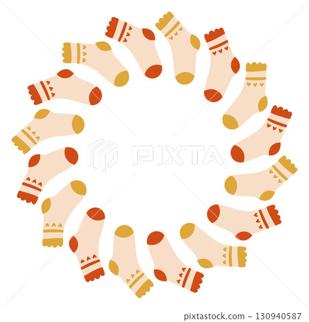 Autumn socks circle frame. Round border made of doodle hand drawn fall elements. Arranged in a circle for stickers, banners, cards, ads. Vector flat isolated on white background. Autumn socks circle frame. Round border made of doodle hand drawn fall elements. Arranged in a circle for stickers, banners, cards, ads. Vector flat isolated on white background. 130940587