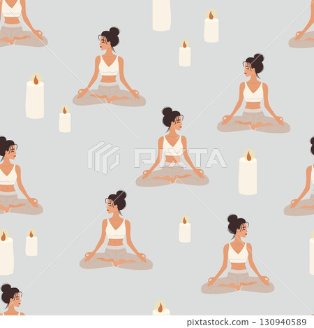 Seamless pattern with woman meditating in lotus position and candles Seamless pattern with woman meditating in lotus position and candles 130940589