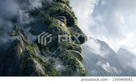 Giant face carved into rock on a mountain cliff Giant face carved into rock on a mountain cliff 130940661