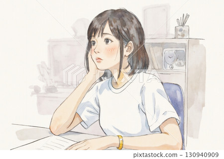 Pensive female student in the room High school girl Adolescent worries 130940909