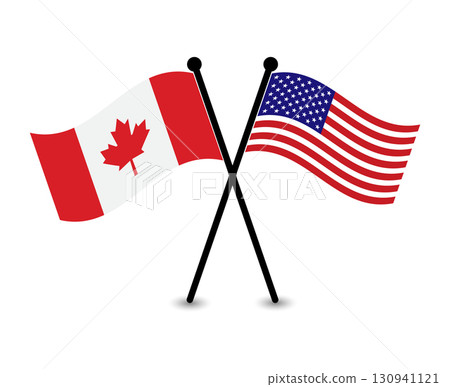 Crossed Canadian and American Flags Illustrate Partnership. 130941121