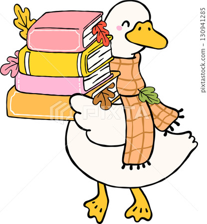 Fall Bookish Silly Goose Reading Carrying Stack Books with Autumn Leaves 130941285