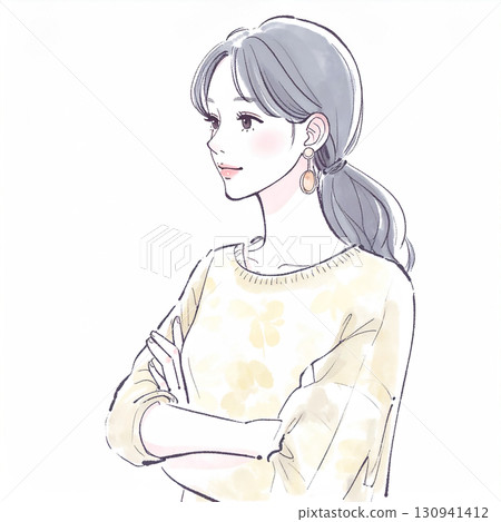 Watercolor/hand-drawn illustration of a woman/girl with her arms crossed, thinking, worrying, feeling depressed, and feeling anxious 130941412