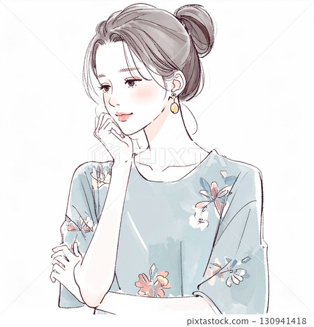 水彩/手繪插圖，描繪了一個雙臂交叉的女人/女孩，正在思考、擔憂、感到沮喪和焦慮 130941418