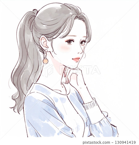 水彩/手繪插圖，描繪了一個雙臂交叉的女人/女孩，正在思考、擔憂、感到沮喪和焦慮 130941419