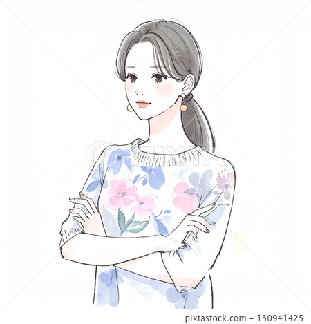 水彩/手繪插圖，描繪了一個雙臂交叉的女人/女孩，正在思考、擔憂、感到沮喪和焦慮 130941425