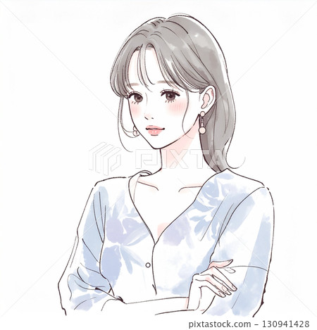 Watercolor/hand-drawn illustration of a woman/girl with her arms crossed, thinking, worrying, feeling depressed, and feeling anxious 130941428