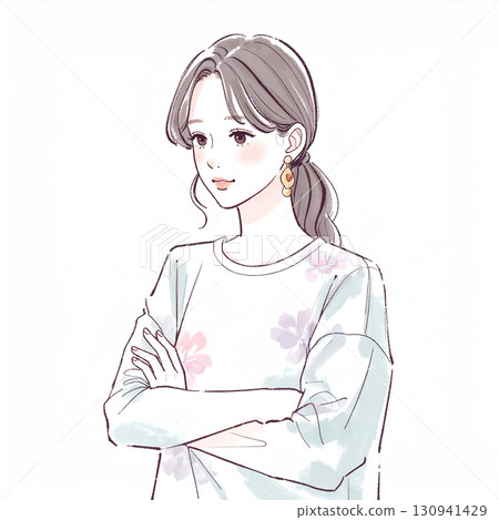 Watercolor/hand-drawn illustration of a woman/girl with her arms crossed, thinking, worrying, feeling depressed, and feeling anxious 130941429
