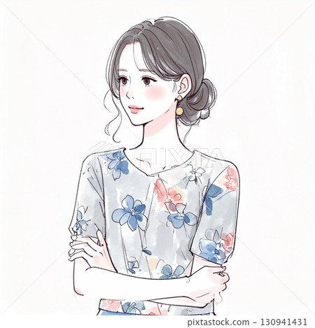 Watercolor/hand-drawn illustration of a woman/girl with her arms crossed, thinking, worrying, feeling depressed, and feeling anxious 130941431
