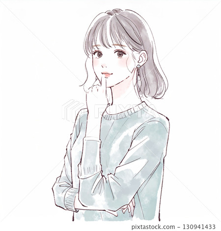 Watercolor/hand-drawn illustration of a woman/girl with her arms crossed, thinking, worrying, feeling depressed, and feeling anxious 130941433