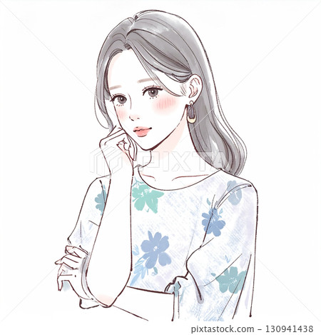 Watercolor/hand-drawn illustration of a woman/girl with her arms crossed, thinking, worrying, feeling depressed, and feeling anxious Watercolor/hand-drawn illustration of a woman/girl with her arms crossed, thinking, worrying, feeling depressed, and feeling anxious 130941438