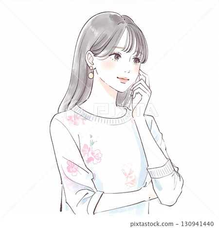 水彩/手繪插圖，描繪了一個雙臂交叉的女人/女孩，正在思考、擔憂、感到沮喪和焦慮 130941440