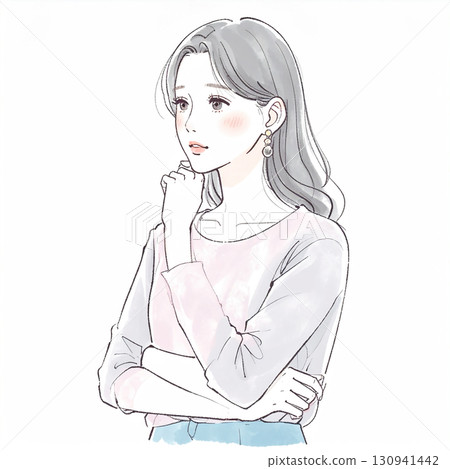 水彩/手繪插圖，描繪了一個雙臂交叉的女人/女孩，正在思考、擔憂、感到沮喪和焦慮 130941442