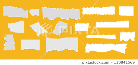 Collection of ripped paper sheets. Torn blank pages with texture. 130941569