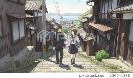 High school students walking and chatting on the stone steps of an old Japanese town 130941888