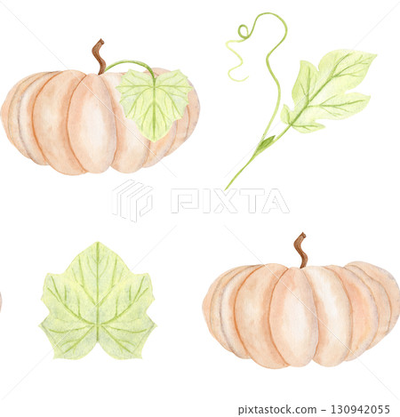 Beige pumpkin and green leaves watercolor seamless pattern isolated on white. Hand-painted harvest illustration, perfect for Thanksgiving, Halloween, seasonal decor, stationary, and digital designs Beige pumpkin and green leaves watercolor seamless pattern isolated on white. Hand-painted harvest illustration, perfect for Thanksgiving, Halloween, seasonal decor, stationary, and digital designs 130942055