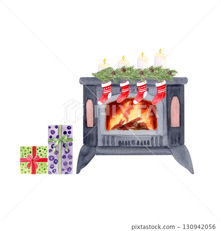 Stove with burning fire, with pine branches, candles, red stockings and wrapped gifts. Watercolor isolated on white ideal for Christmas cards, posters, invitations, scrapbooking. Festive fireplace Stove with burning fire, with pine branches, candles, red stockings and wrapped gifts. Watercolor isolated on white ideal for Christmas cards, posters, invitations, scrapbooking. Festive fireplace 130942056