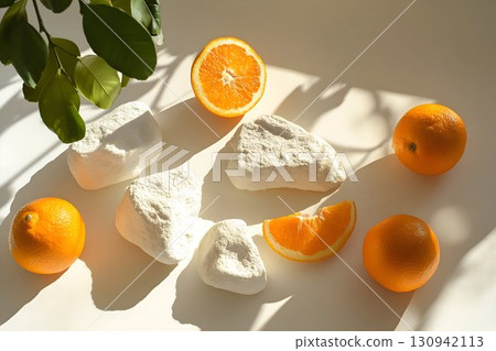 porous stones and fresh oranges, clean, white surface 130942113