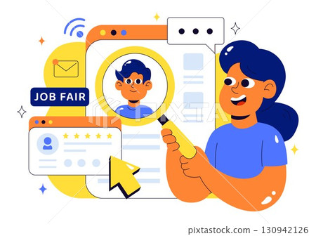 Online Job Fair Vector Illustration featuring We Are Hiring with Recruitment, Resume Selection Process, and Agency Interview in a Flat Background 130942126