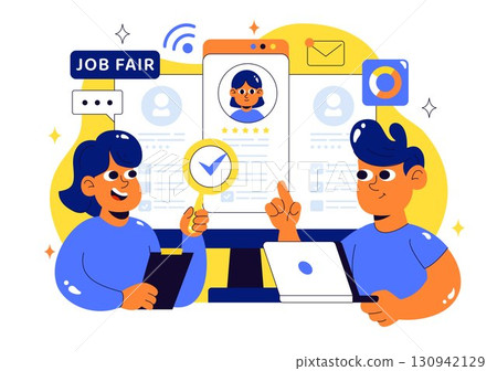 Online Job Fair Vector Illustration featuring We Are Hiring with Recruitment, Resume Selection Process, and Agency Interview in a Flat Background 130942129