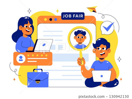 Online Job Fair Vector Illustration featuring We Are Hiring with Recruitment, Resume Selection Process, and Agency Interview in a Flat Background Online Job Fair Vector Illustration featuring We Are Hiring with Recruitment, Resume Selection Process, and Agency Interview in a Flat Background 130942130