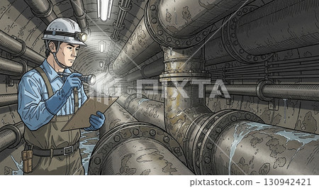 Worker inspecting the pipes 130942421