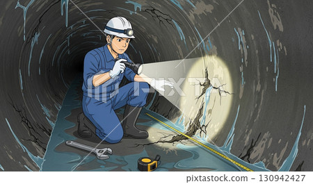 A worker inspecting a sewer drainage pipe 130942427