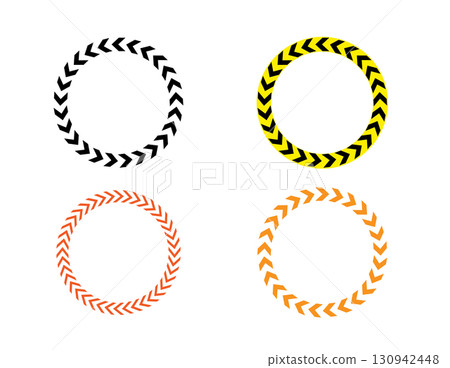 Circular danger tape decorative frames with arrow patterns in various colors. Circular danger tape decorative frames with arrow patterns in various colors. 130942448